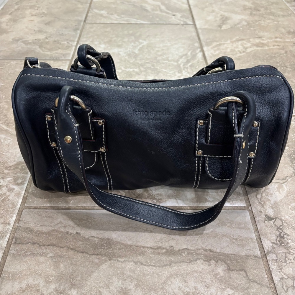 Kate Spade New York Black Pebbled Leather Barrel Bag White Stitching Gold Tone